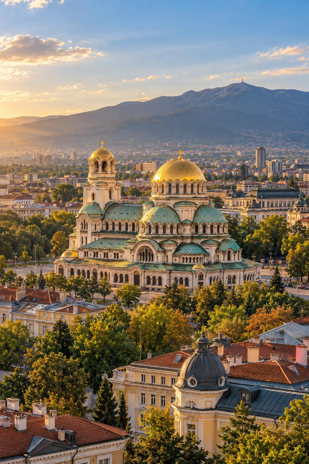 AI-generated illustration of Sofia’s cathedral and cityscape with mountains at golden hour
