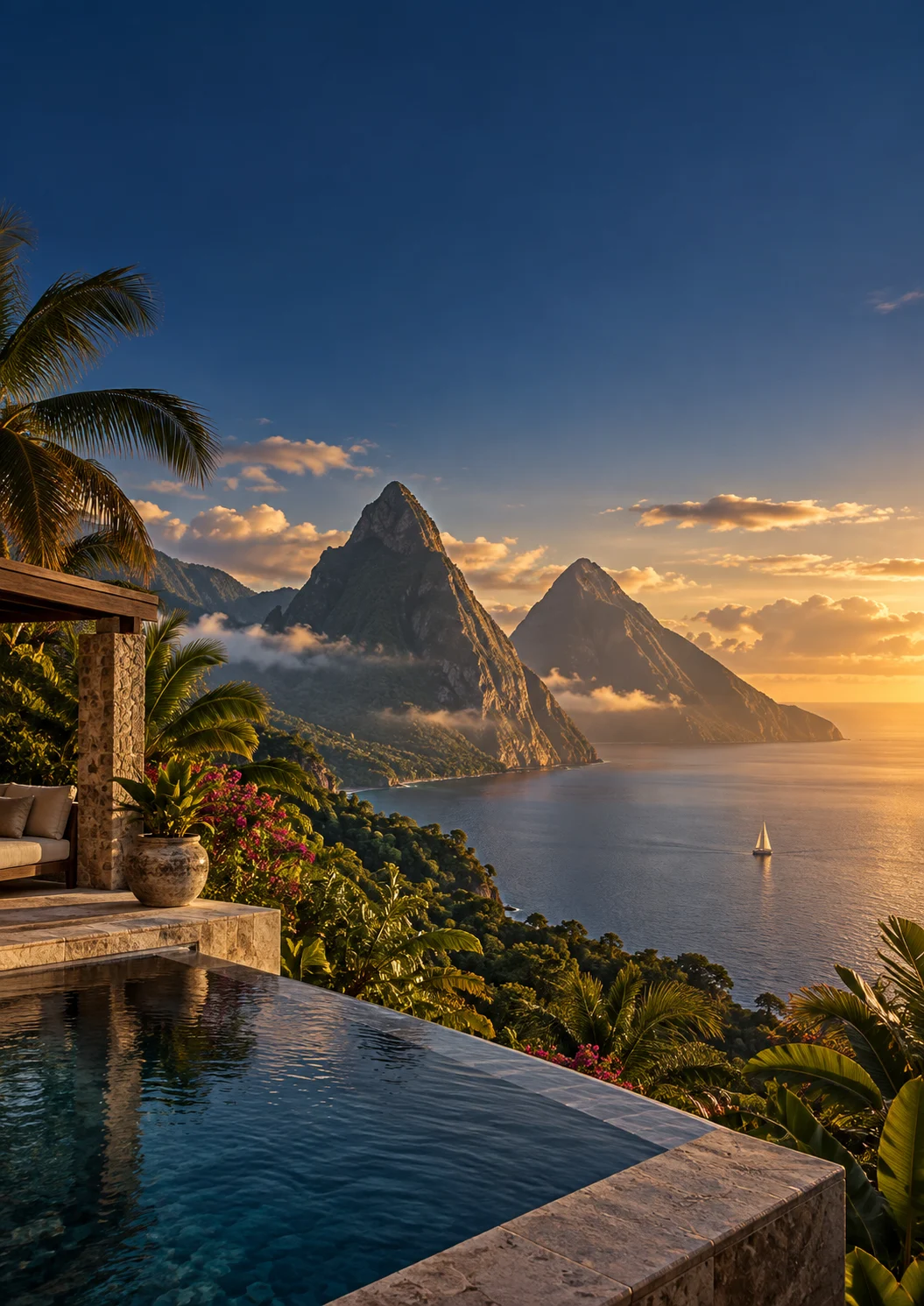 Illustrative view of Saint Lucia’s Pitons and Caribbean coastline at sunset