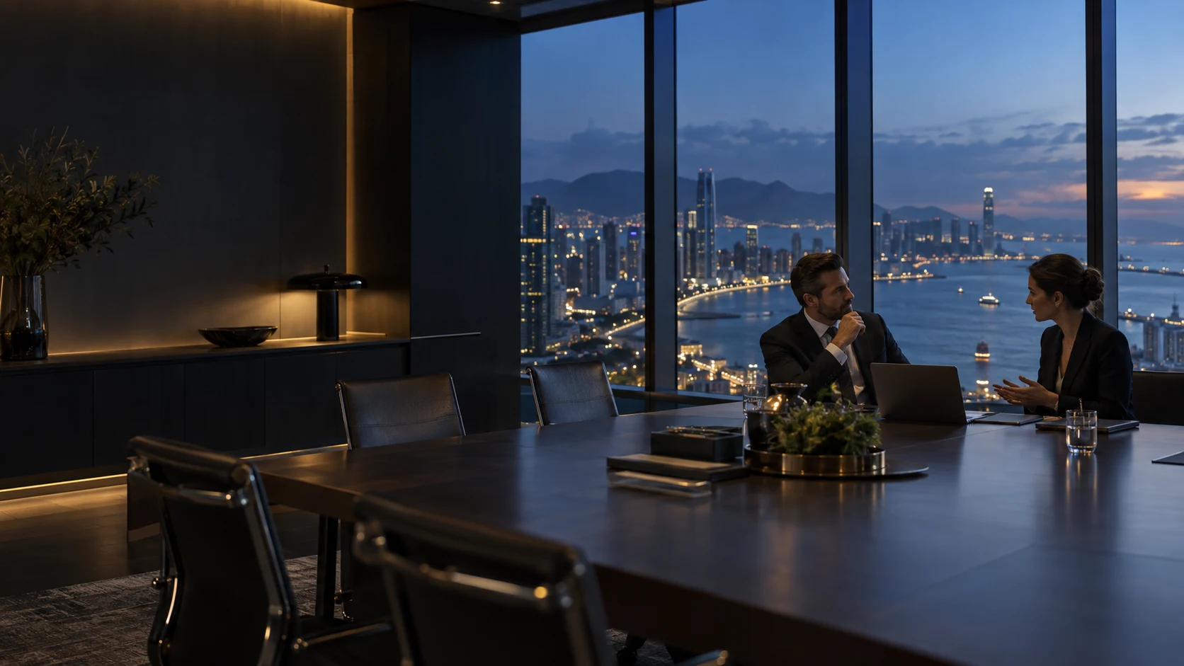 Illustrative scene of a private advisory conversation overlooking a city at dusk