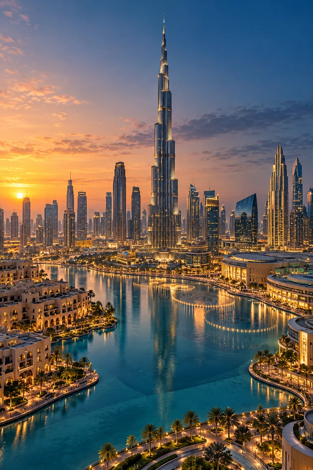 AI-generated destination illustration of Downtown Dubai and Burj Khalifa at sunset